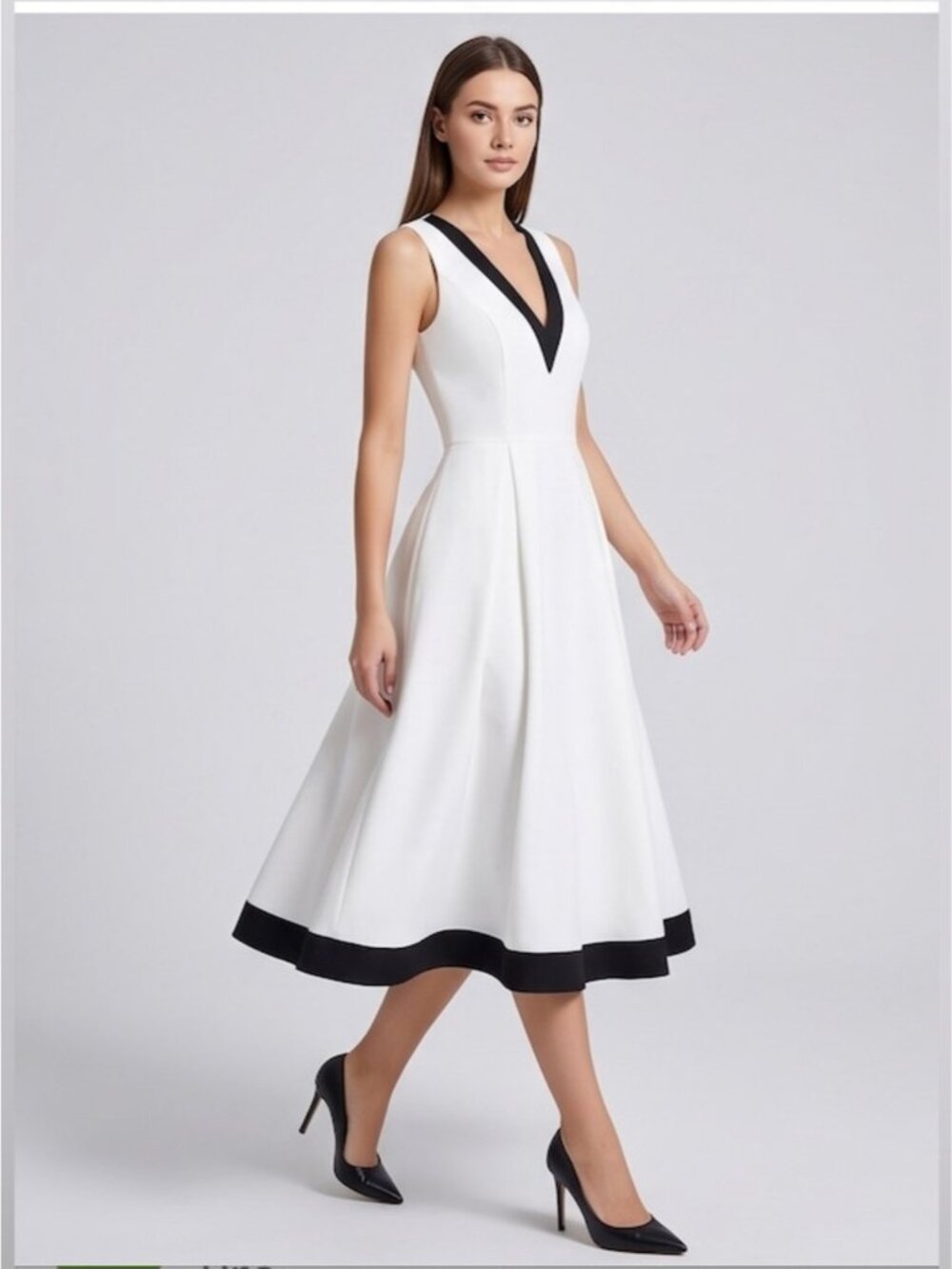 Chic Contrast Trim Pleated Flare Midi Dress with Pockets White/Black - Picture 3 of 6